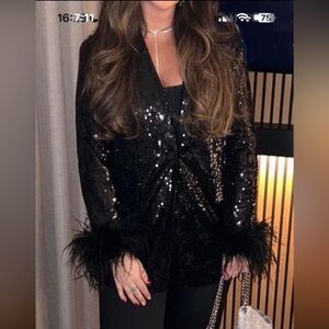 Lavish Alice Black Sequin Pantsuit with Feather Cuffs